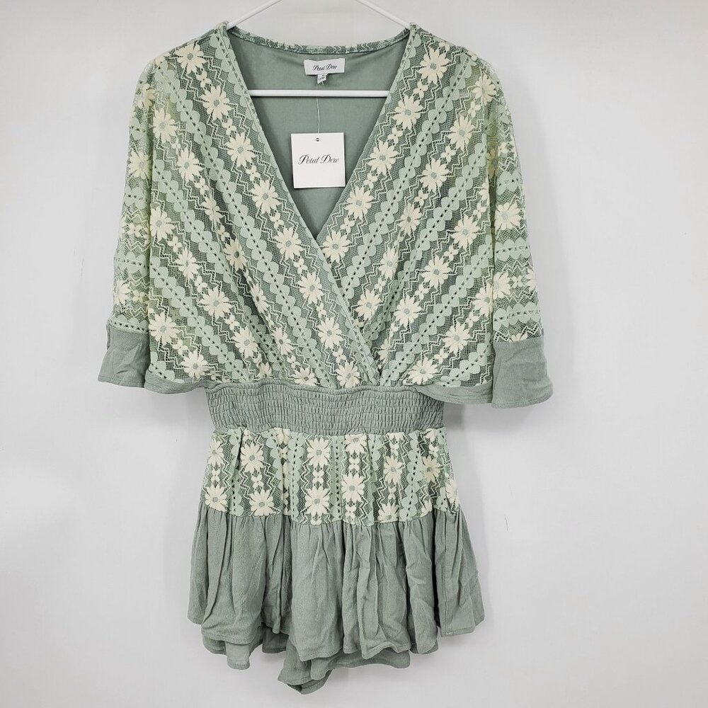NWT Petal Dew Green Lagenlook Boho Dolman Sleeve‎ V Neck Romper Small